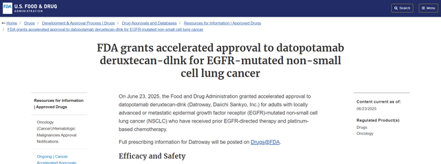 重磅!FDA加速批准肺癌新药Dato-DXd,82%患者肿瘤得到控制