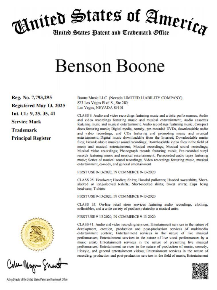 歌手BensonBoone发起商标维权案件号:25-cv-07151