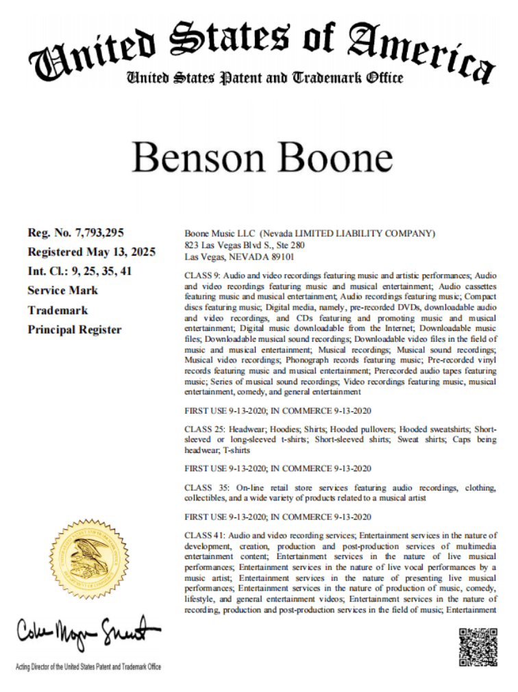 Mark Brasdford律所代理歌手Benson Boone发起商标维权 案件号:25-cv-07151